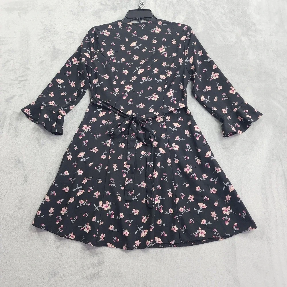 Lulus Dress Womens S Black Floral Button Front Belted Fit & Flare Mini Ruffled